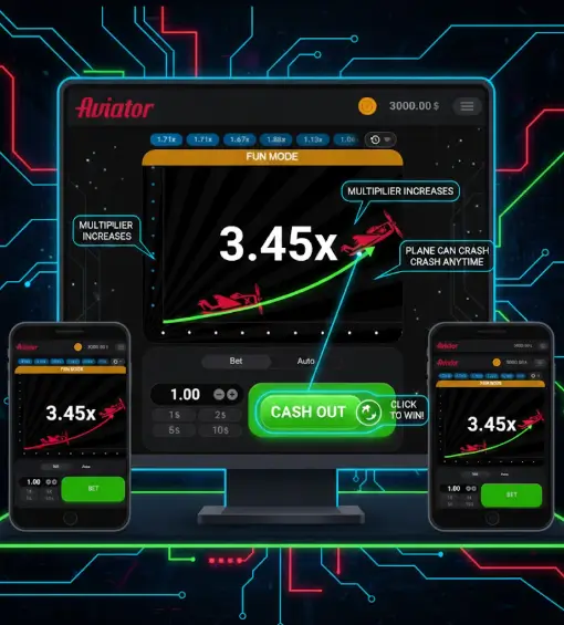 1win Aviator oyununun interfeysi: yüksələn təyyarə trayektoriyası, artan uduş əmsalı və strateji "Cash Out" düyməsi